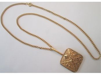 Vintage Drop Necklace, Filigree MODERNIST Pendant, Gold Tone Base Metal Setting & Chain