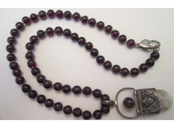 Vintage GARNET Bead Necklace, Natural QUARTZ Pendant, Sterling .925 Silver Setting, Mechanical HEART Clasp