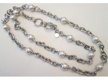 Signed ANNE KLEIN! Contemporary Faux PEARL NECKLACE With Chain, Silver Tone Base Metal, Adjustable 36' Length