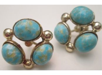 Signed LONGCRAFT, Vintage Screw EARRINGS, Turquoise CABOCHON Inserts, Gold Tone Base Metal Settings
