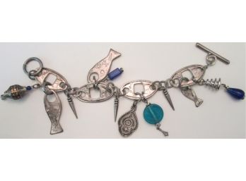 Vintage CHARM Style BRACELET, Novelty FISH With Blue Beads, Silver Tone Base Metal, Link Construction