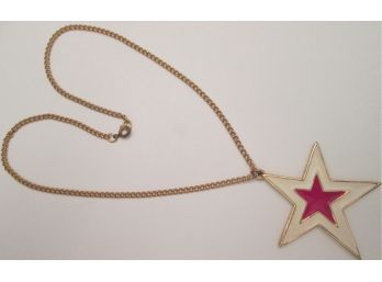 Vintage Drop Necklace, Red & White 'MOD' STAR Pendant, Gold Tone Base Metal Setting & Chain