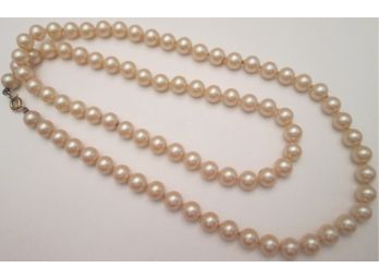 Vintage Faux PEARL NECKLACE, Single Strand 28' Length, Individual Knots, Gold Tone Closure