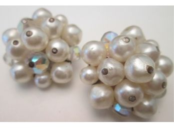 Signed LAGUNA, Vintage PAIR CLIP EARRINGS, Faux Pearls & Faceted Stones, Bright Silver Tone Base Metal Finish