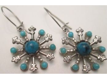 Contemporary Light Pierced EARRINGS Set, Loop Closure, SNOWFLAKE Design, Faux TURQUOISE Inserts, Silver Tone