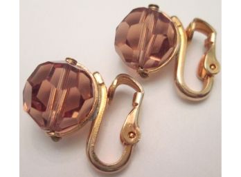 Signed NAPIER! Vintage Pair CLIP EARRINGS With Hinged Backings, Faceted Smoky Beads, Gold Tone Base Metal