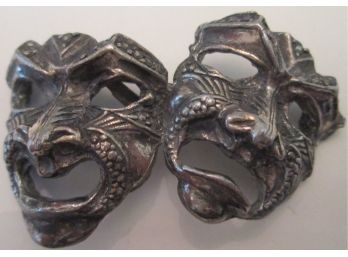 Vintage BROOCH PIN, COMEDY & TRAGEDY Masks, Silver Tone Construction