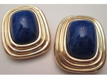 Signed CHRISTIAN DIOR, Vintage PAIR CLIP EARRINGS, BLUE Cabochons, Gold Tone Base Metal Finish