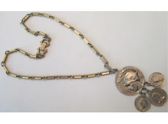 Vintage Drop Pendant NECKLACE, Simulated COINS, Gold Tone Base Metal Finish