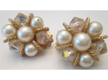 Vintage PAIR CLIP EARRINGS, Faux Pearls & Faceted Beads, Hinged Backings, Gold Tone Base Metal Finish