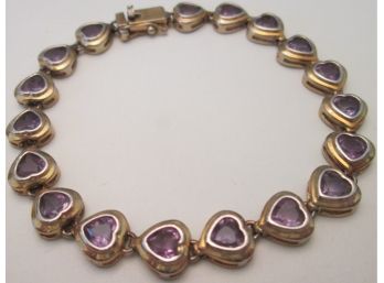 Signed, Vintage Chain CHARM BRACELET, Purple HEARTS, Sterling .925 Silver Construction, Functional Closure