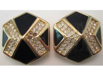 Signed CHRISTIAN DIOR, Vintage PAIR CLIP EARRINGS, Clear Rhinestones, Gold Tone Base Metal Finish