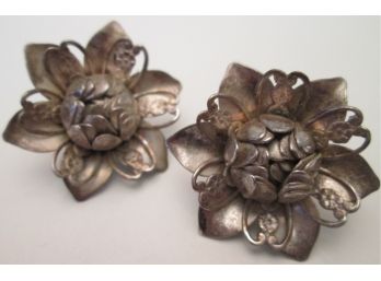 Vintage PAIR Clip EARRINGS, FLOWER Bud Shape, Sterling .925 Silver Construction, Hinged Back