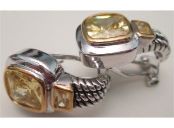 Contemporary PAIR Post Pierced EARRINGS, Faceted Topaz Yellow Stones, Hinged Backings, Polished Silver Tone