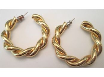 Contemporary PAIR Pierced HOOP TWIST Style EARRINGS With Backings, Gold Tone Base Metal Finish