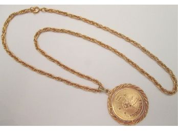 Vintage Pendant Necklace With Chain, AQUARIUS MEDALLION With Roped Edge, Gold Tone Base Metal Mechanical Clasp