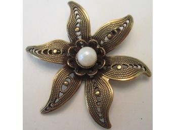 Vintage FLOWER BLOSSOM BROOCH PIN, Gold Tone Base Metal FILIGREE Setting, Central FAUX PEARL