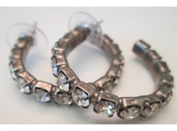 Contemporary PAIR Pierced HOOP Style EARRINGS With RHINESTONES, Silver Tone Base Metal Settings With Backings