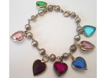 Vintage Single STRAND BRACELET, CHARM Style, Color HEARTS & Faux Pearls, Gold Tone Base Metal Chain