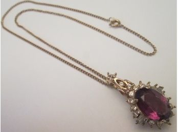 Contemporary Drop Pendant NECKLACE, PURPLE Faceted Central Stone, Gold Tone Base Metal Chain & Setting
