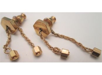 Vintage PAIR Pierced Chain DANGLE EARRINGS With Backings, Hexagonal Shape, Gold Tone Base Metal