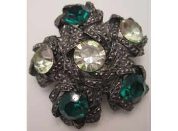 Signed ANDA MODES, Sensational BROOCH PIN Pendant, Green & Crystal Faceted Insets, Antiqued Base Metal Setting