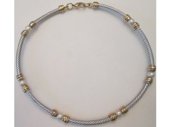 Contemporary CABLE Necklace, Faux Pearl Beads, Silver & Gold Tone Base Metal Finishes, Clasp Closure