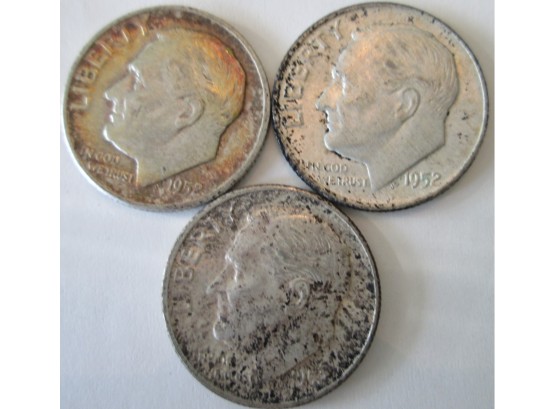 SET Of 3 COINS! Authentic 1952P/D/S ROOSEVELT SILVER DIMES $.10, United States