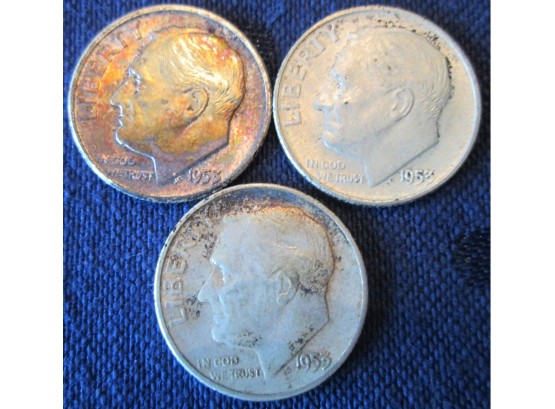 SET Of 3 COINS! Authentic 1953P/D/S ROOSEVELT SILVER DIMES $.10, United States