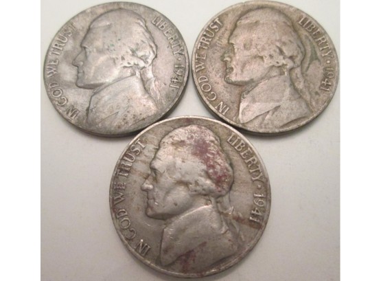 SET Of 3 Coins! Authentic 1941P, 1941D & 1941S JEFFERSON NICKELS $.05, United States