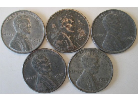 LOT Of 5 Coins! Authentic Wartime Issue, 1943P LINCOLN Cent, ZINC STEEL WHEAT Penny $.01, United States