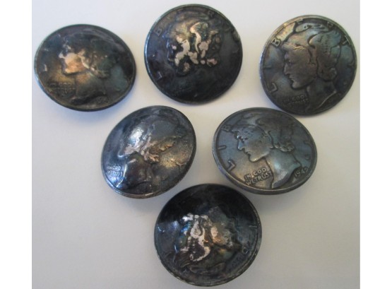 SET Of 6 COIN BUTTONS! Authentic MERCURY SILVER DIMES $.10, 90 Percent Silver, United States