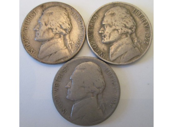 SET Of 3 Coins! Authentic 1938P, 1938D & 1938S JEFFERSON NICKELS $.05, First Year Of Issue, United States