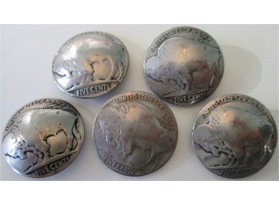 SET Of 5 COIN BUTTONS! Authentic BUFFALO INDIAN NICKELS, $.05 United States