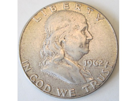 Authentic 1962P FRANKLIN SILVER Half Dollar $.50, 90 Percent Silver, United States
