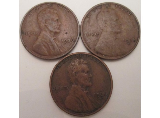 SET Of 3! Authentic 1936PDS LINCOLN Cent WHEAT Penny $.01, United States