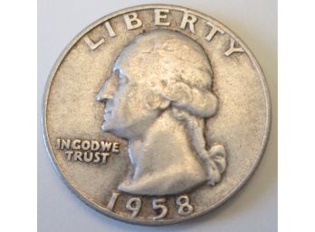 Authentic 1958D WASHINGTON QUARTER Dollar $.25, 90percent SILVER, United States
