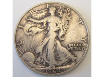 Authentic 1942D WALKING LIBERTY SILVER Half Dollar $.50 United States, 90percent Silver