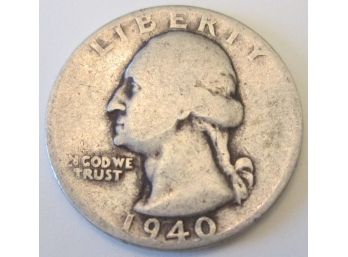 Authentic 1940P WASHINGTON SILVER QUARTER Dollar $.25, 90percent Silver, United States