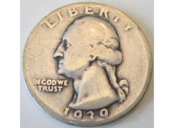 Authentic 1939P WASHINGTON SILVER QUARTER Dollar $.25, 90percent Silver, United States