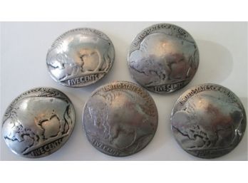 SET Of 5 COIN BUTTONS! Authentic BUFFALO INDIAN NICKELS, $.05 United States