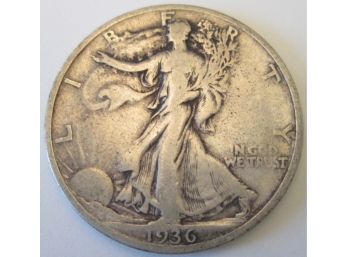 Authentic 1936S WALKING LIBERTY SILVER Half Dollar $.50, 90 Percent Silver, United States