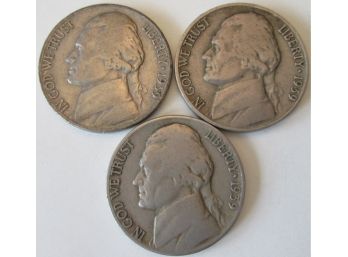 SET Of 3 Coins! Authentic 1939P, 1939D & 1939S JEFFERSON NICKELS $.05, First Year Of Issue, United States