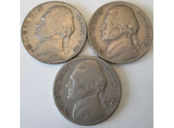 SET Of 3 Coins! Authentic 1940P, 1940D & 1940S JEFFERSON NICKELS $.05, First Year Of Issue, United States
