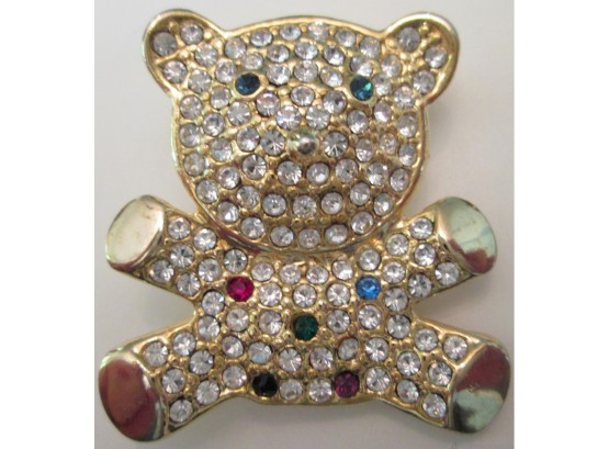 Vintage BROOCH PIN, BLING TEDDY BEAR Design, Inset Faceted Multicolor RHINESTONES, Bright Gold Tone Finish