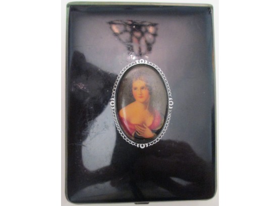 Vintage CIGARETTE CASE, Black Finish, Portrait CAMEO Style Medallion, Hinged