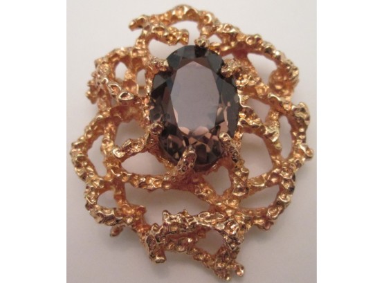 Signed PANETTA Contemporary BROOCH PIN, Faceted SMOKY Central Stone, Nugget Design, Gold Tone Base Metal