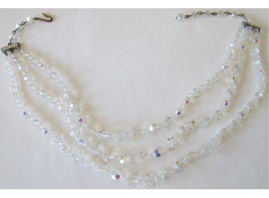 Vintage Triple Strand, Graduated BEAD NECKLACE In Iridescent AURORA BOREALIS Crystal, Adjustable Length