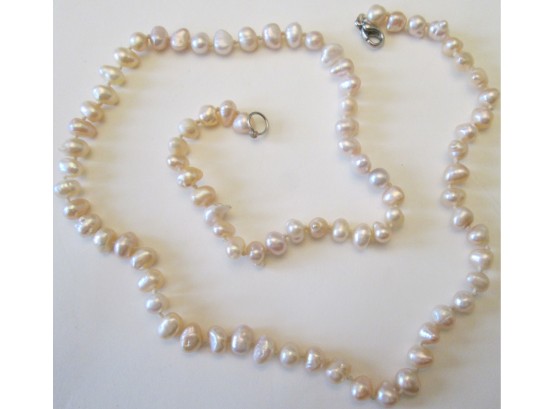Natural MOTHER Of PEARL NECKLACE, Pinkish Hue, Individually Knotted, Silver Tone Mechanical Clasp