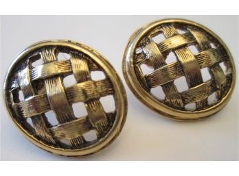 Contemporary PAIR Pierced Post EARRINGS, BASKETWEAVE Pattern, Gold Tone Base Metal Construction